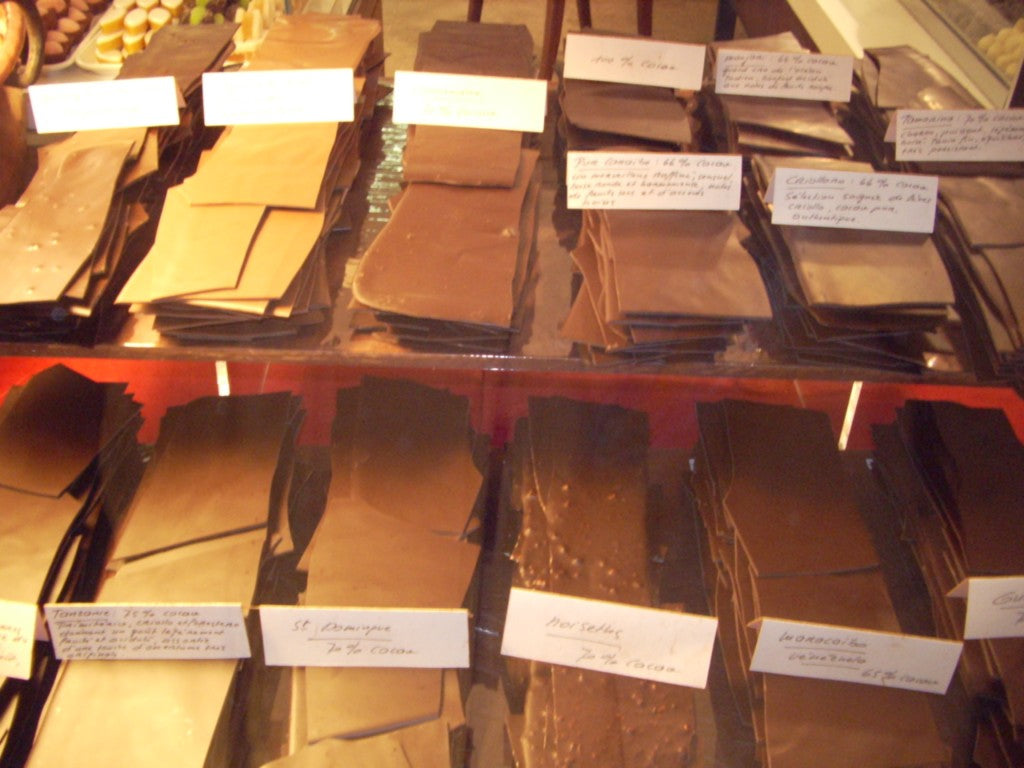 Artisan Swiss chocolate slabs in a chocolatier's display
